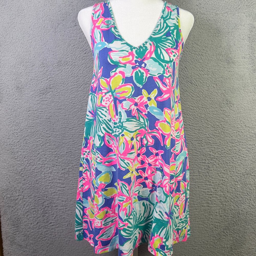 Lilly Pulitzer Blythe Swing Dress Women XXS Blue Multicolor Floral V Neck Beach